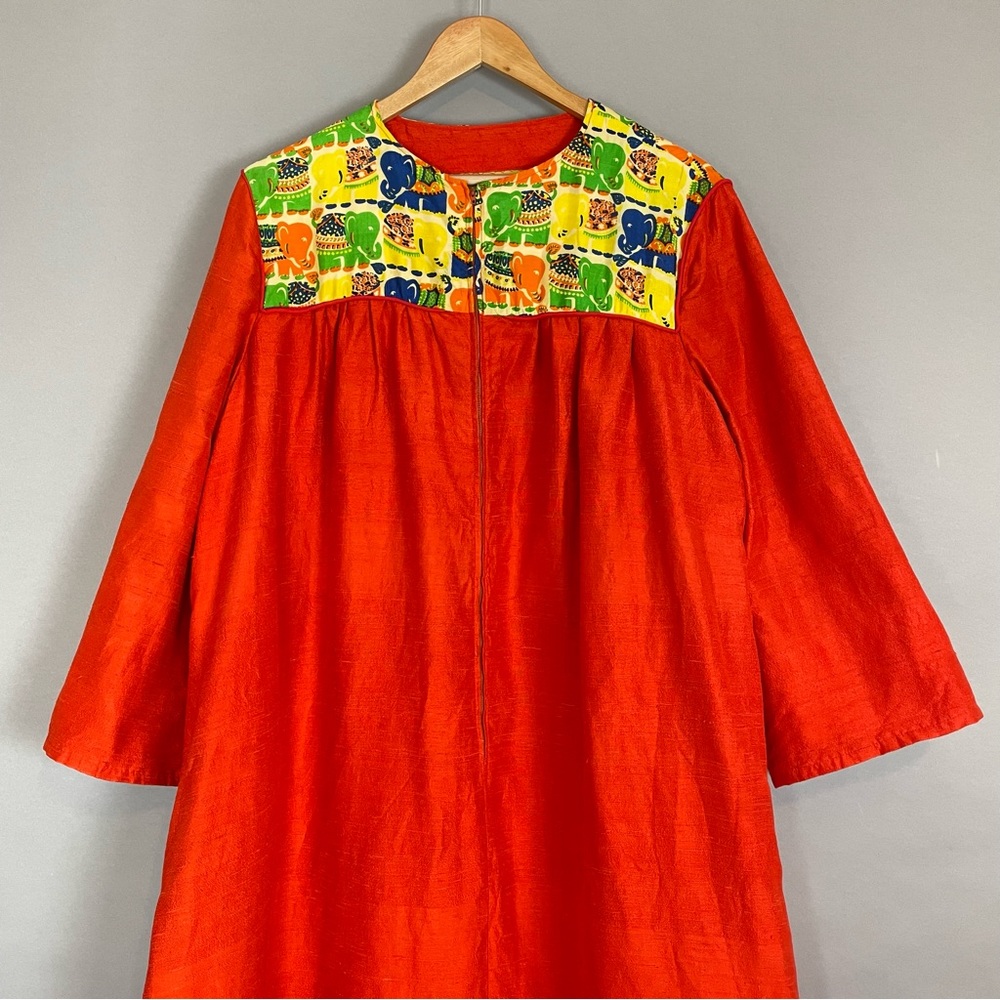 Vintage Caftan Dress Maxi Women‎ Kaftan Muumuu Elephants Reddish Orange Zip-Up - Picture 3 of 15